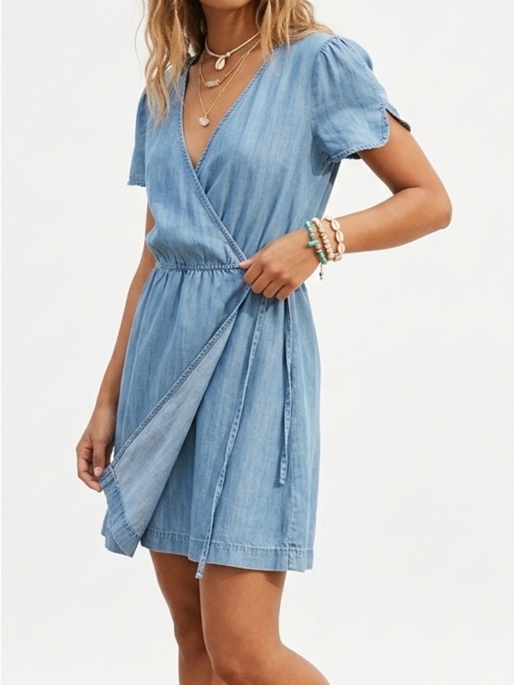 Madewell Chambray Shirred-Sleeve Wrap Dress Blue Denim Mini S